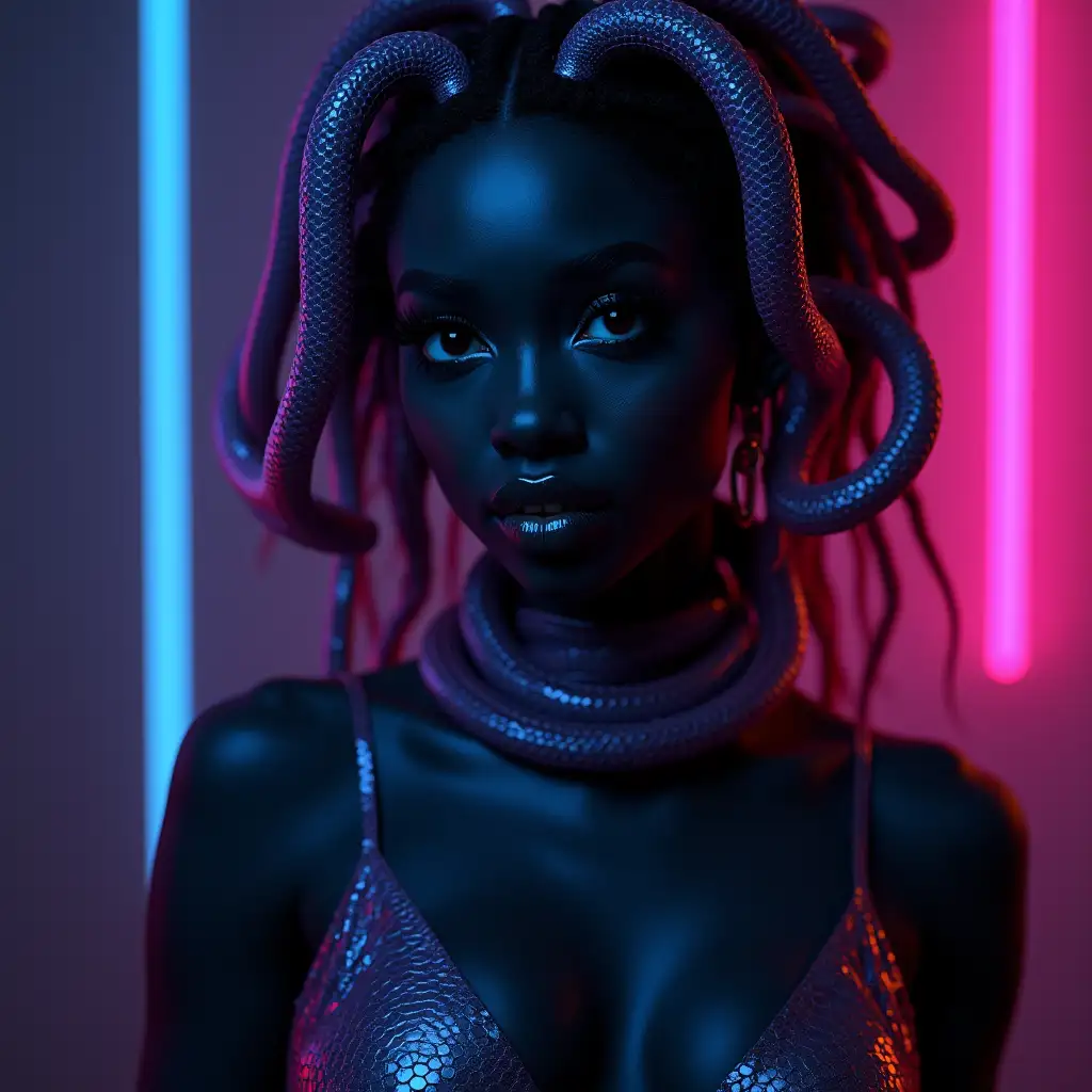 Attractive Medusa with Snake Hair in Neon Cinematic Scene