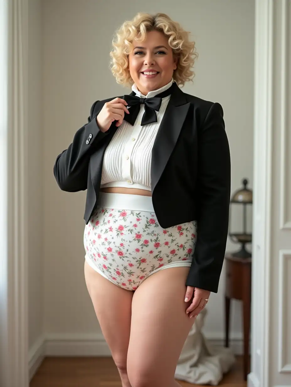 photo realistic, sweet smiling middle-aged larger plump full-figured body type with large wide hips Caucasian female woman, with short blonde curly 1980s hair with curly bangs, wearing a very formal orchestra concert tuxedo with black long sleeve high cut cropped above waist Eton jacket, white cropped above waist tuxedo shirt, with high standing wingtip collar, and many thick vertical pleats front, black diamond point bow tie with black adjustable neckband, white with many matching multicolored super tiny micro stars all over floral pattern print, very tight mid-rise high cut cotton brief with bright white waistband, bare legs, high heels, looking at viewer while tugging on bow tie, in a white bedroom, full body front view.