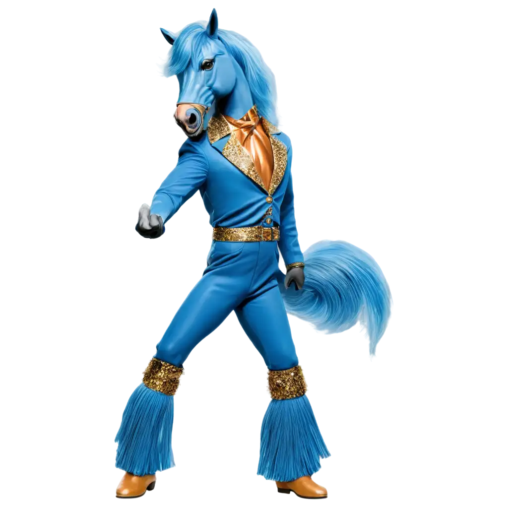 Blue Stallion horse dressed in 70s clothes and disco dancing