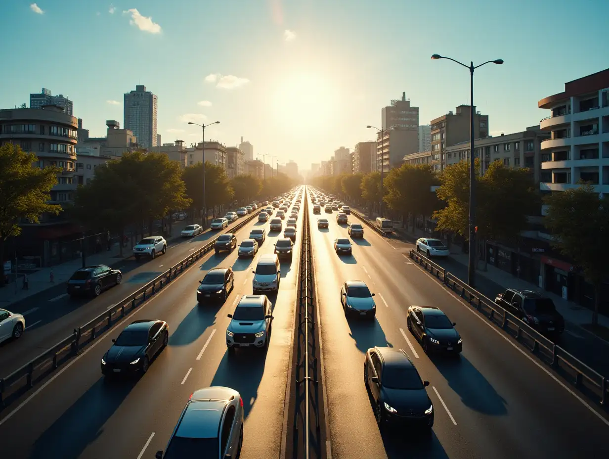 City，traffic flow，sunny，aerial photography，bright scene