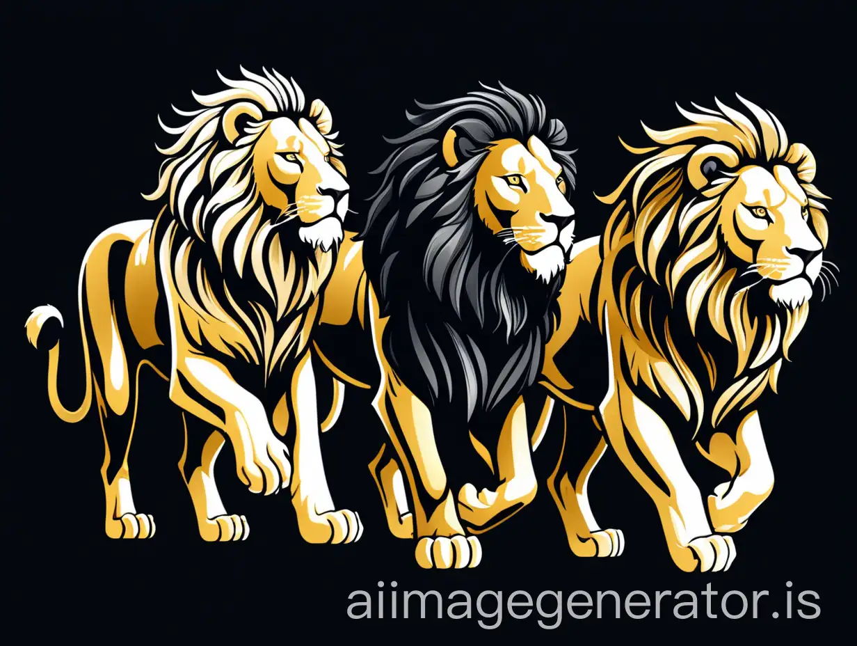 Three-Lions-Walking-Black-Golden-and-White-Lions-Symbolizing-Strength-and-Power