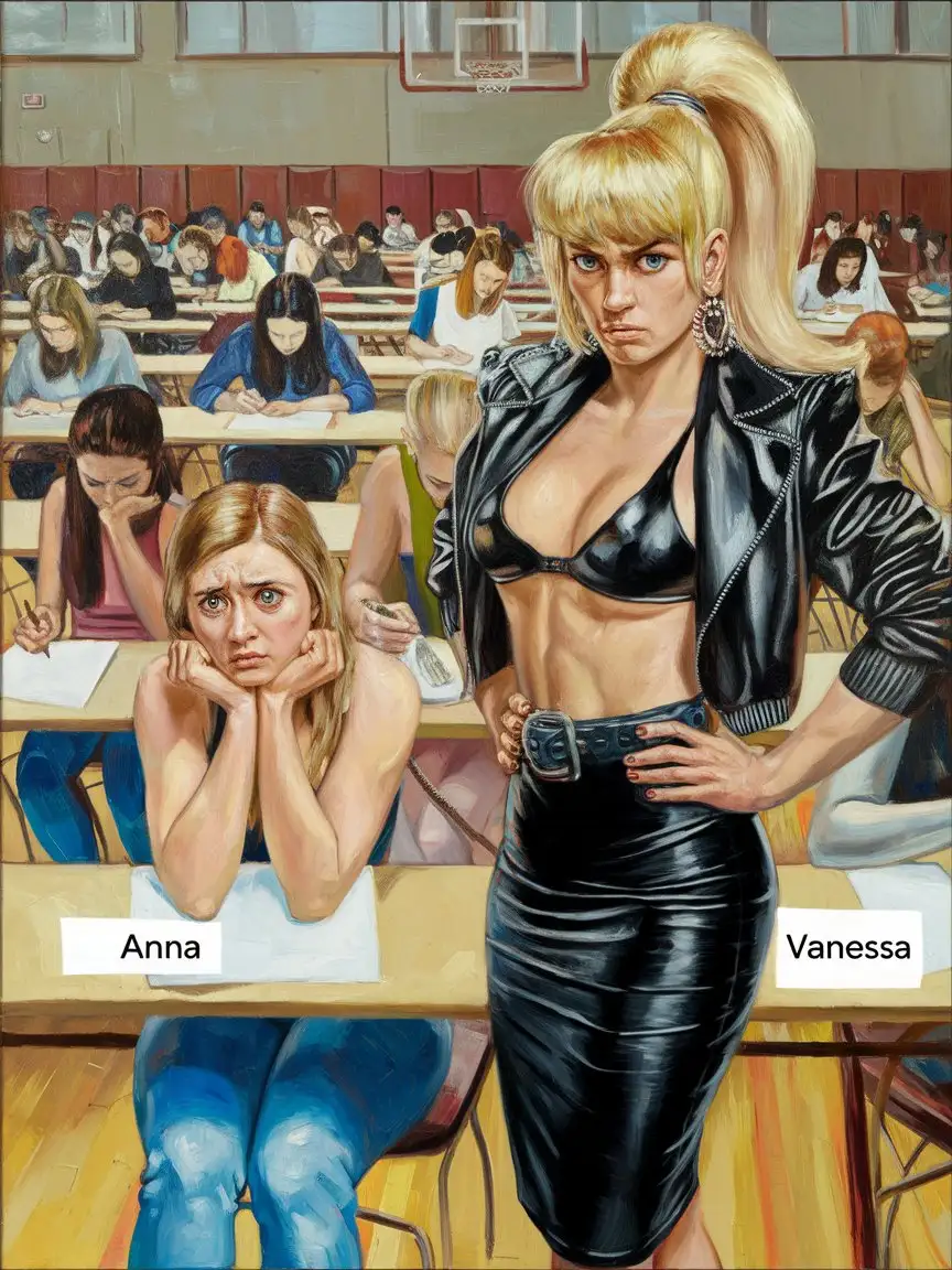 Worried-Woman-Taking-Exam-with-Dominant-Figure-in-a-Gymnasium-Setting