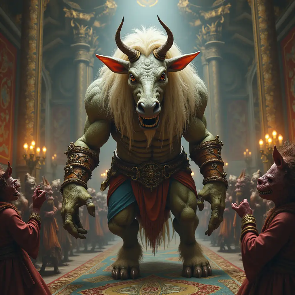 Ultra detailed hyperrealistic portrait of a troll with horse body in a palace with various strange beings with intricately detailed, colorful