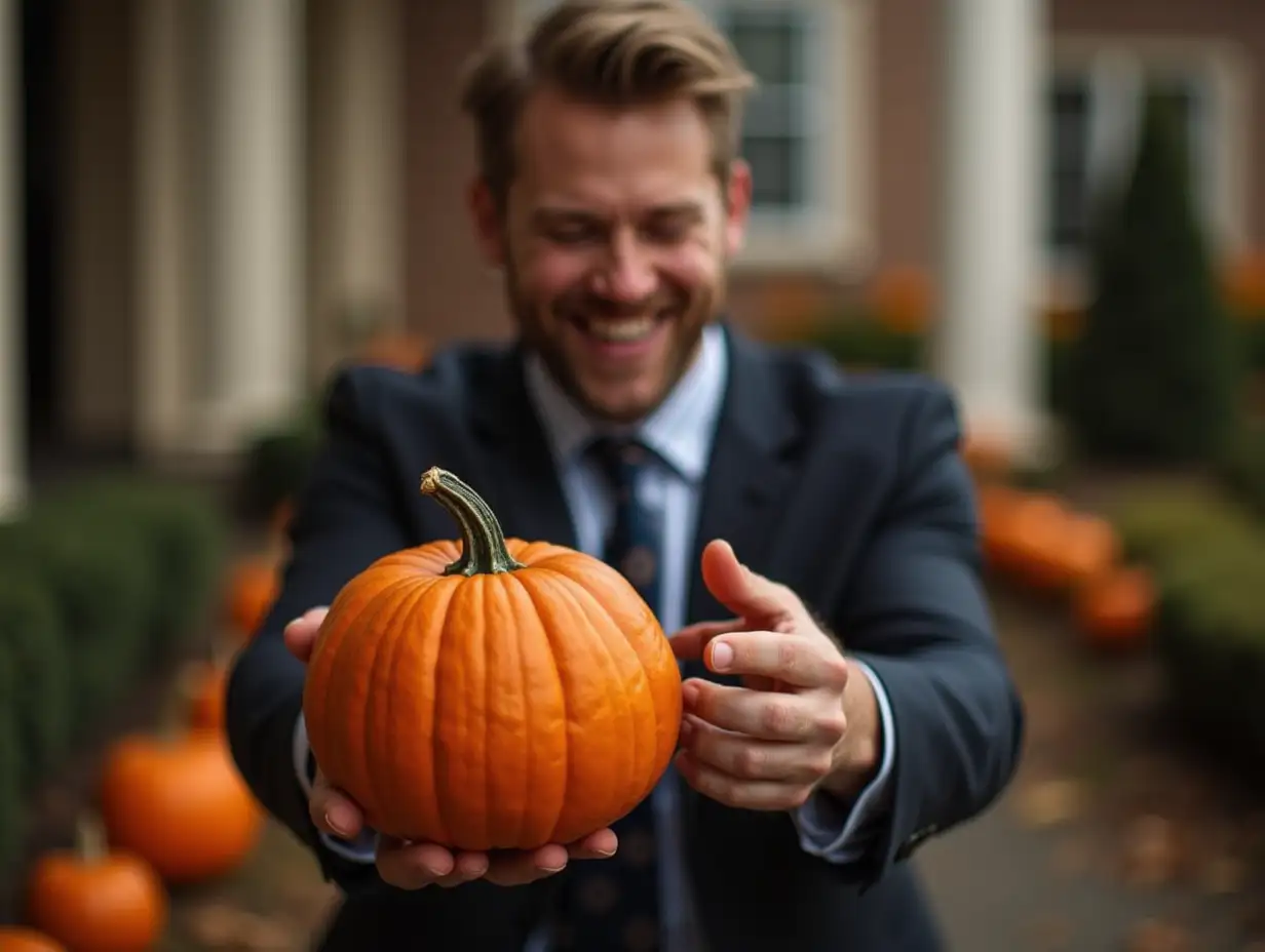 Businessman showing pumpkin on halloween day.