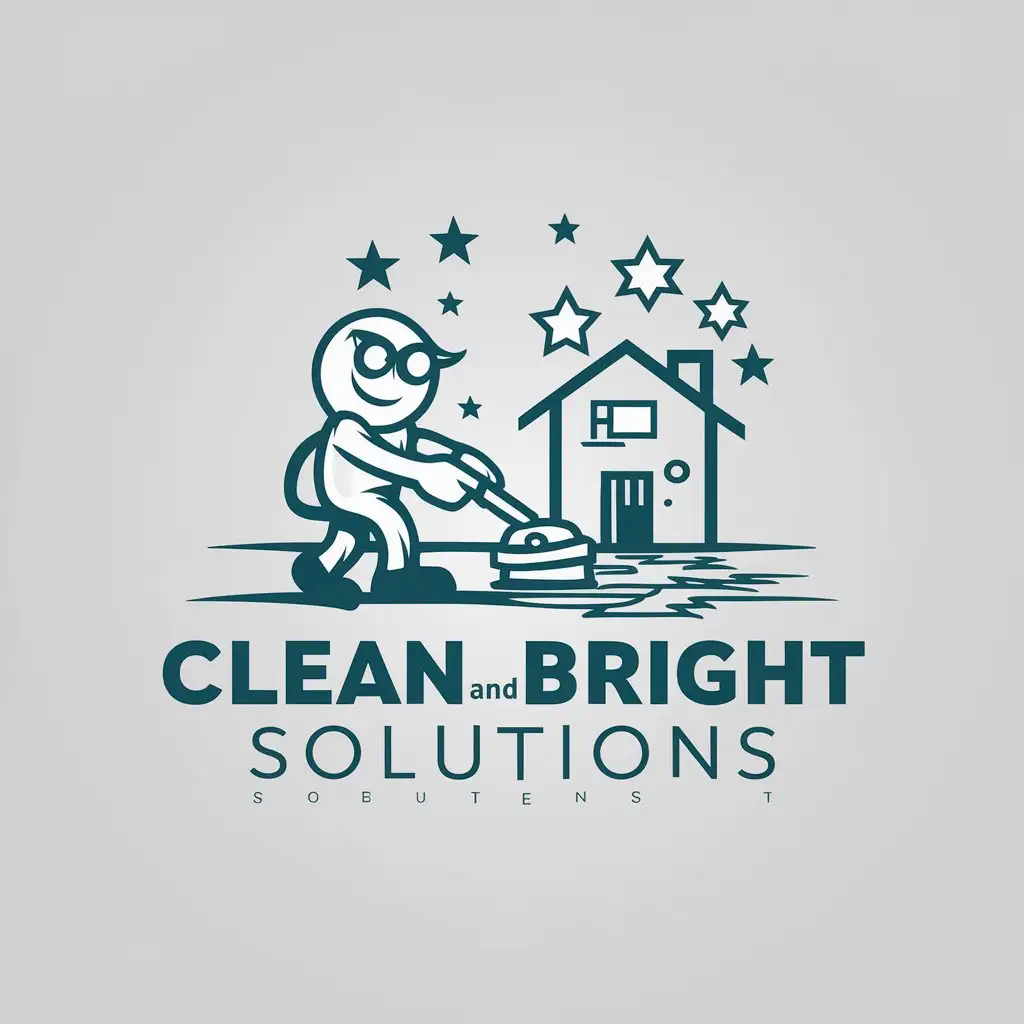 LOGO Design For Clean and Bright Solutions Cartoonish Style with Character Buffing Floor and Stars