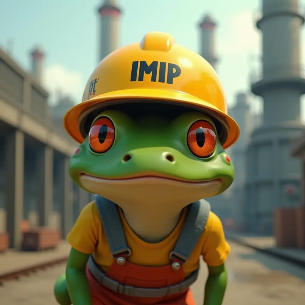 Make an animated picture of a PT IMIP industrial worker's frog with a ferocious face wearing a yellow helmet that says IMIP with a factory building in the background