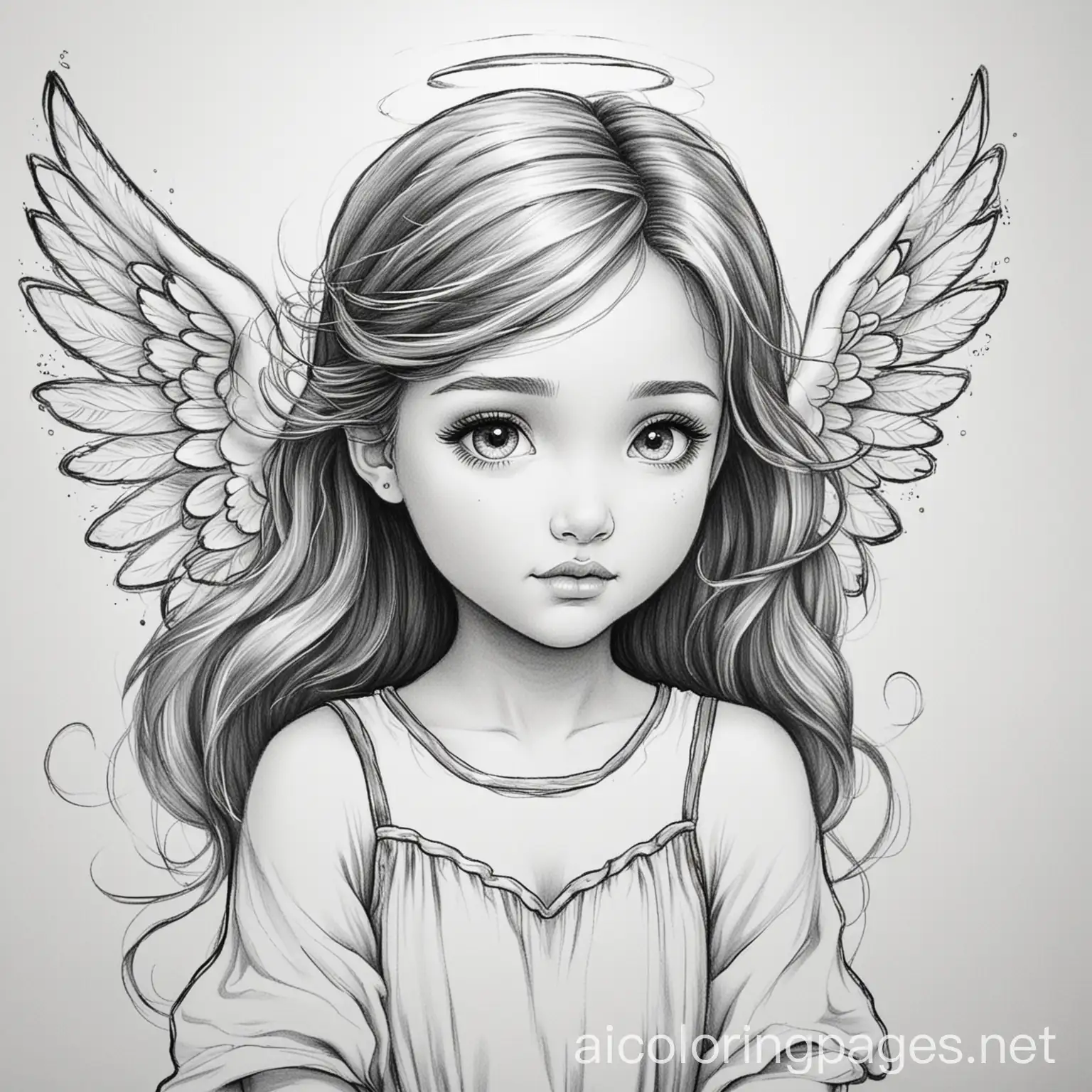 Angels girl drawing storm, Coloring Page, black and white, line art, white background, Simplicity, Ample White Space. The background of the coloring page is plain white to make it easy for young children to color within the lines. The outlines of all the subjects are easy to distinguish, making it simple for kids to color without too much difficulty