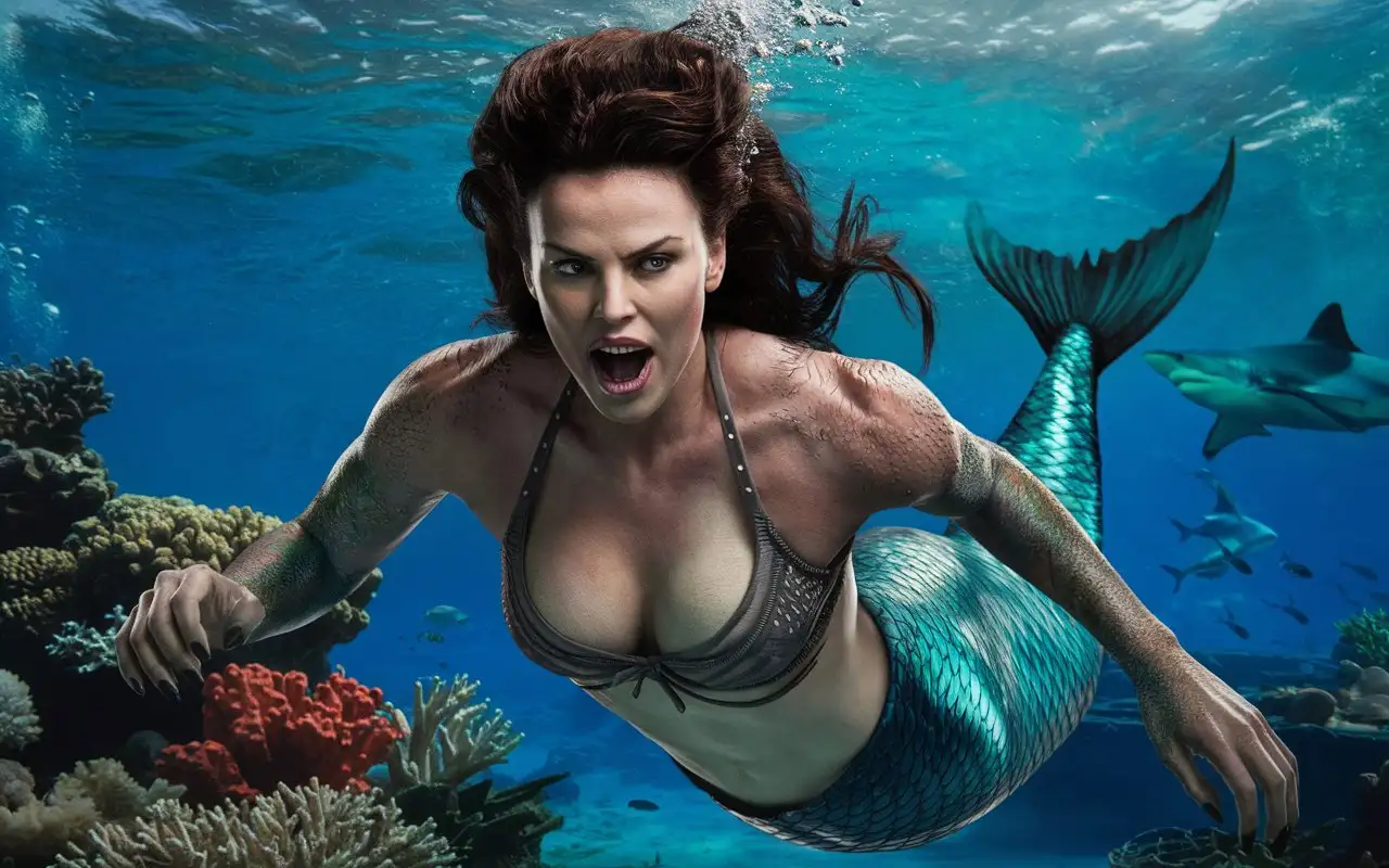 Predatory-Mermaid-Hunting-Female-Diver-Underwater-in-Tropical-Waters