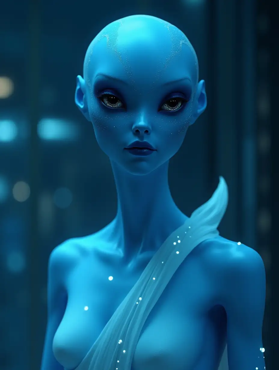 Blue humanoid alien, bald elongated head, with shiny black eyes, she has beautiful shining white dots stars underbher eyes,glowing so beautiful, wearing a beautiful white dress, the atmosphere is like in a sci-fiction movie, the backgroud inside the space ship.8k,hd,high quality