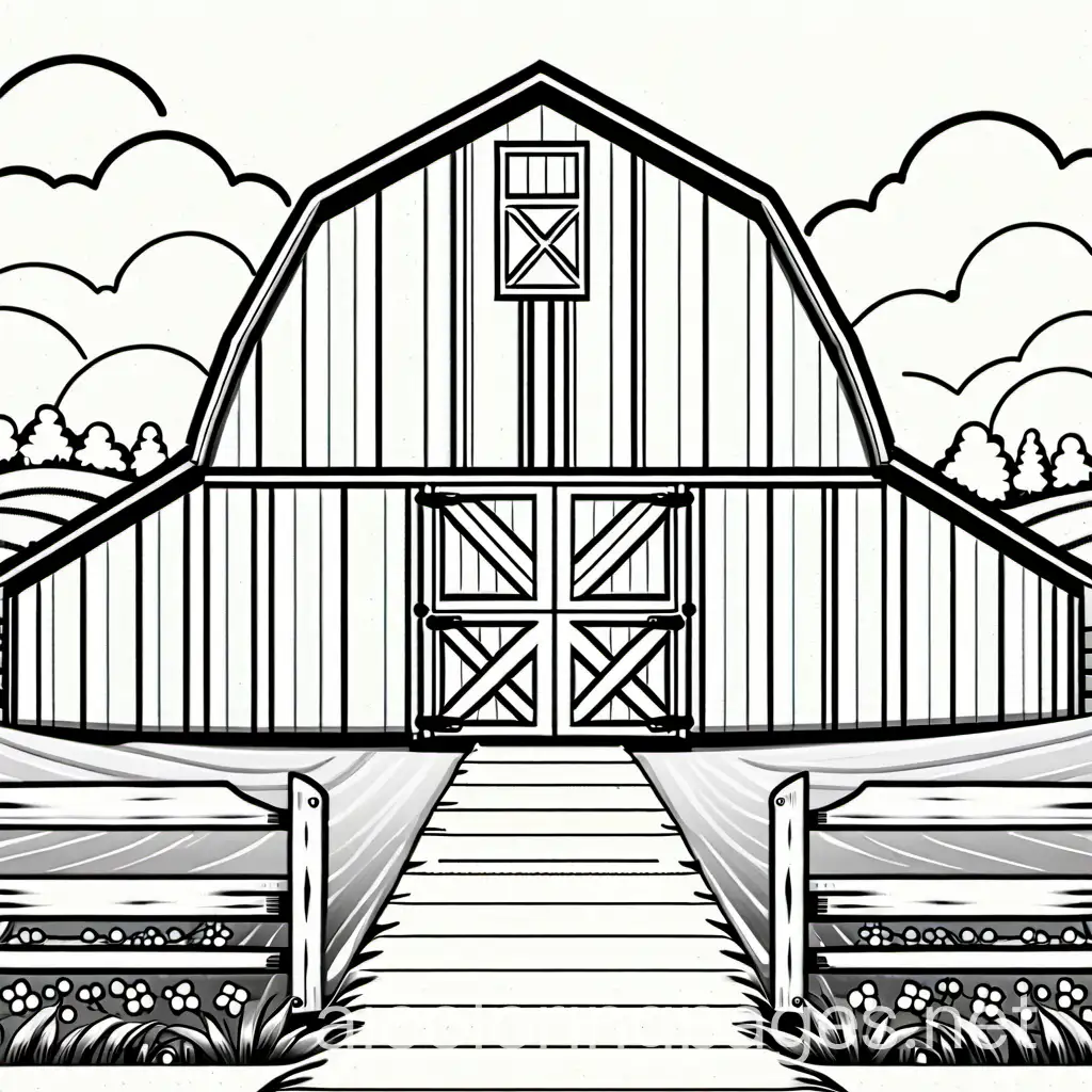 farm barn , Coloring Page, black and white, line art, white background, Simplicity, Ample White Space. The background of the coloring page is plain white to make it easy for young children to color within the lines. The outlines of all the subjects are easy to distinguish, making it simple for kids to color without too much difficulty