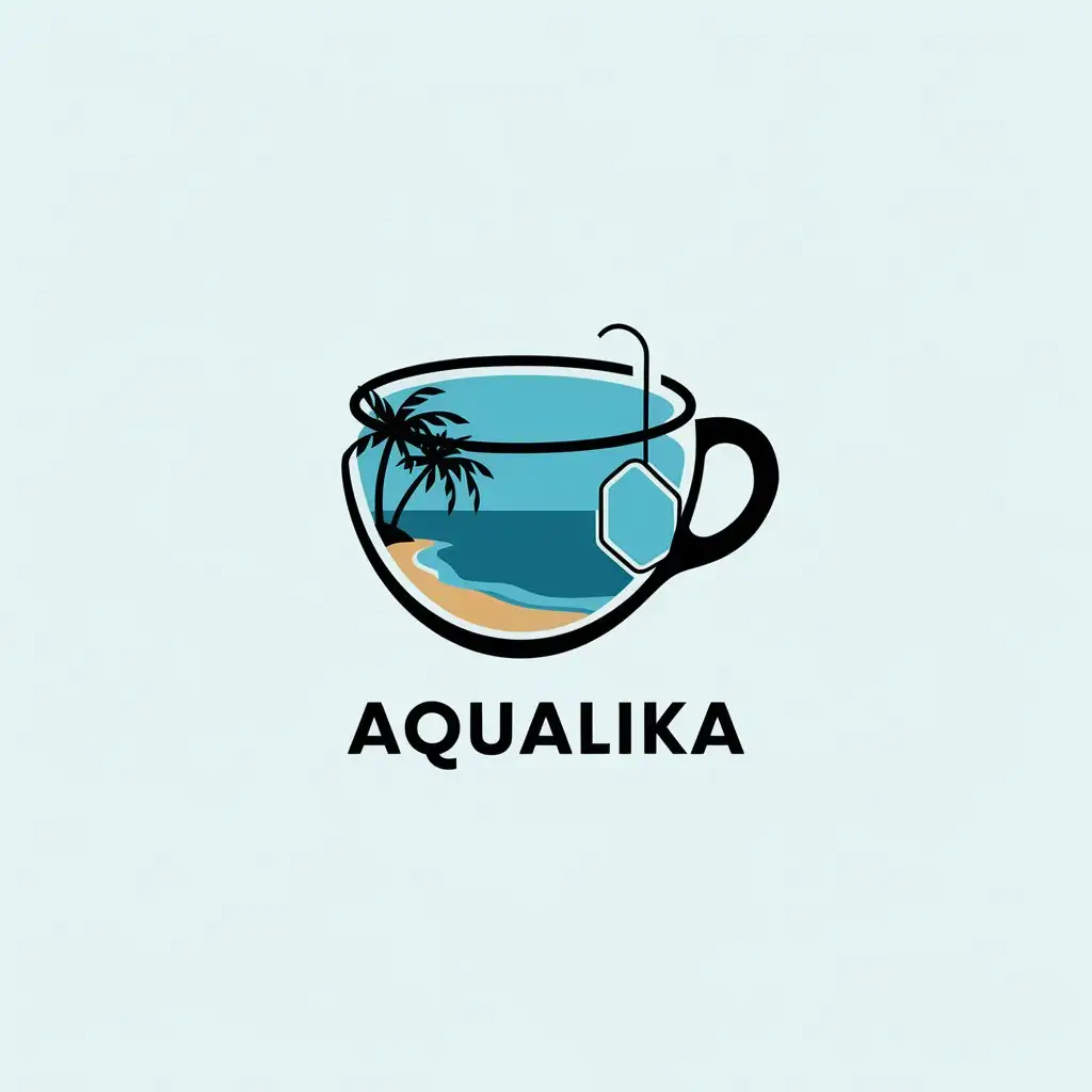 a vector logo design,with the text "Aqualika", main symbol:teacup, inside which beach and sea,Minimalistic,be used in Sports Fitness industry,clear background