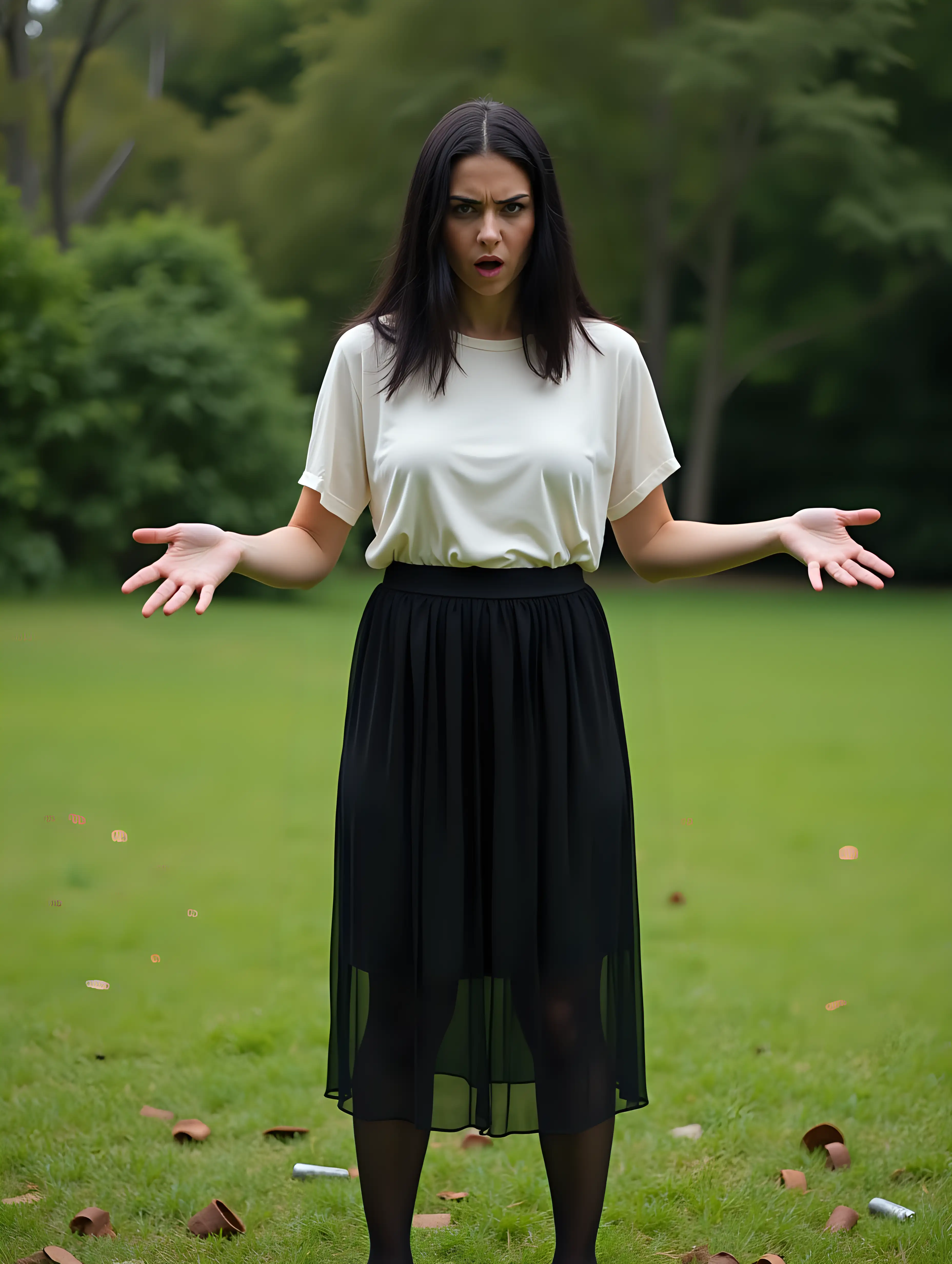 Latino-Woman-Standing-in-Lawn-with-Rusty-Metal-Mines-Helpless-Expression