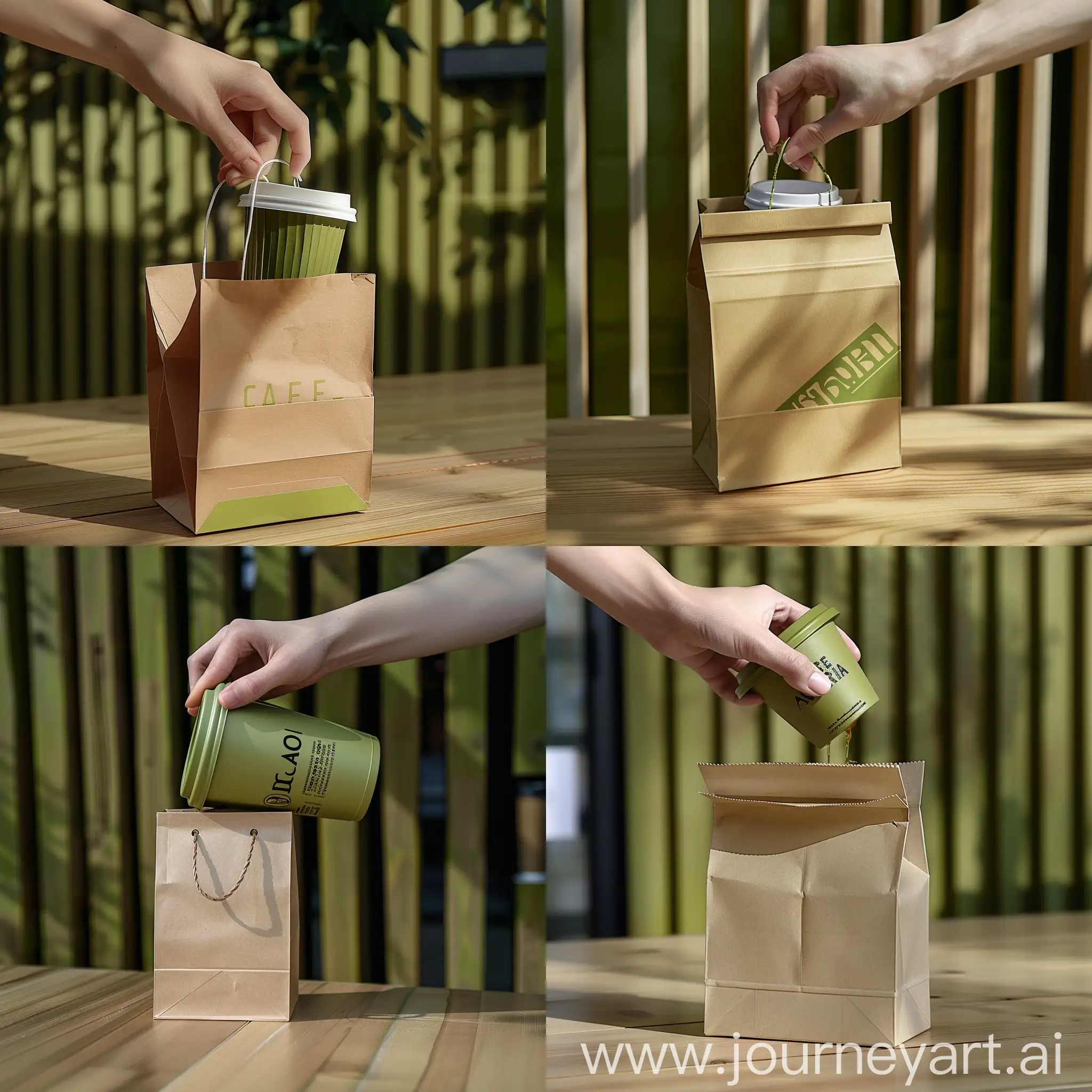 Hand-Taking-Coffee-from-Craft-Paper-Bag-on-Wooden-Table-with-Blinds-Background