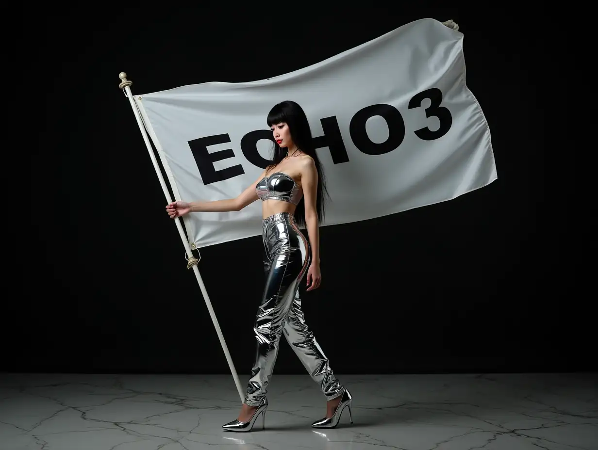 Young beautiful Korean top model girl, with long black hair with a bang, pale skin, dark makeup with Smokey eyes and lipstick, voluptuous breast, wearing a chrome plastic silver crop top and chrome plastic pants with chrome high heels, walking confidently from the profile side, holding a flagpole with the huge white flag spread out behind her with « ECHO3 » written on it, dark black background, marble floor, full body, wide angle