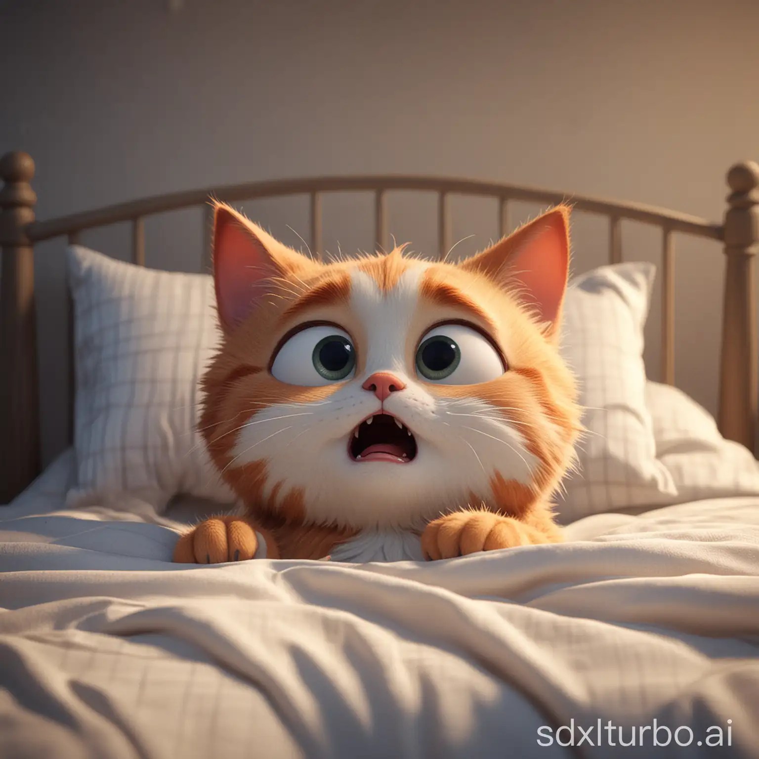 A cat crying in bed, anthropomorphic, cute, Pixar style