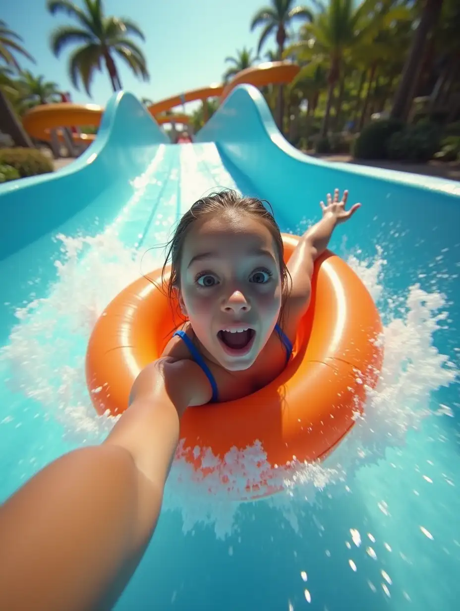 A pov of a girl in a waterpark playing water slide using a buoyant. She holds the camera in a selfie position. Her expression is exciting and the water slide is so fun. Photorealistic with global illumination.