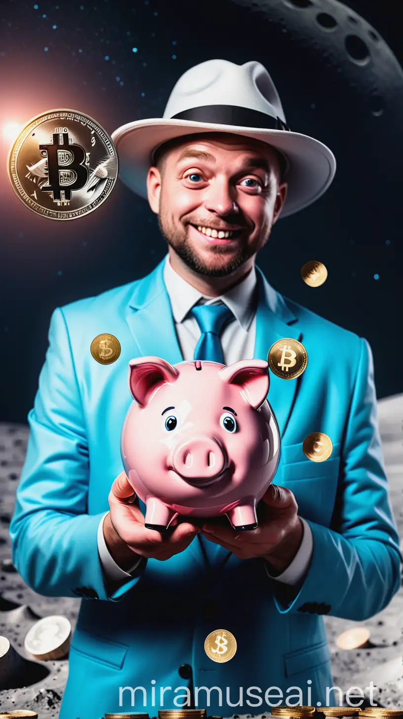 Man Holding Shiny Piggy Bank with Crypto Meme Coins on the Moon