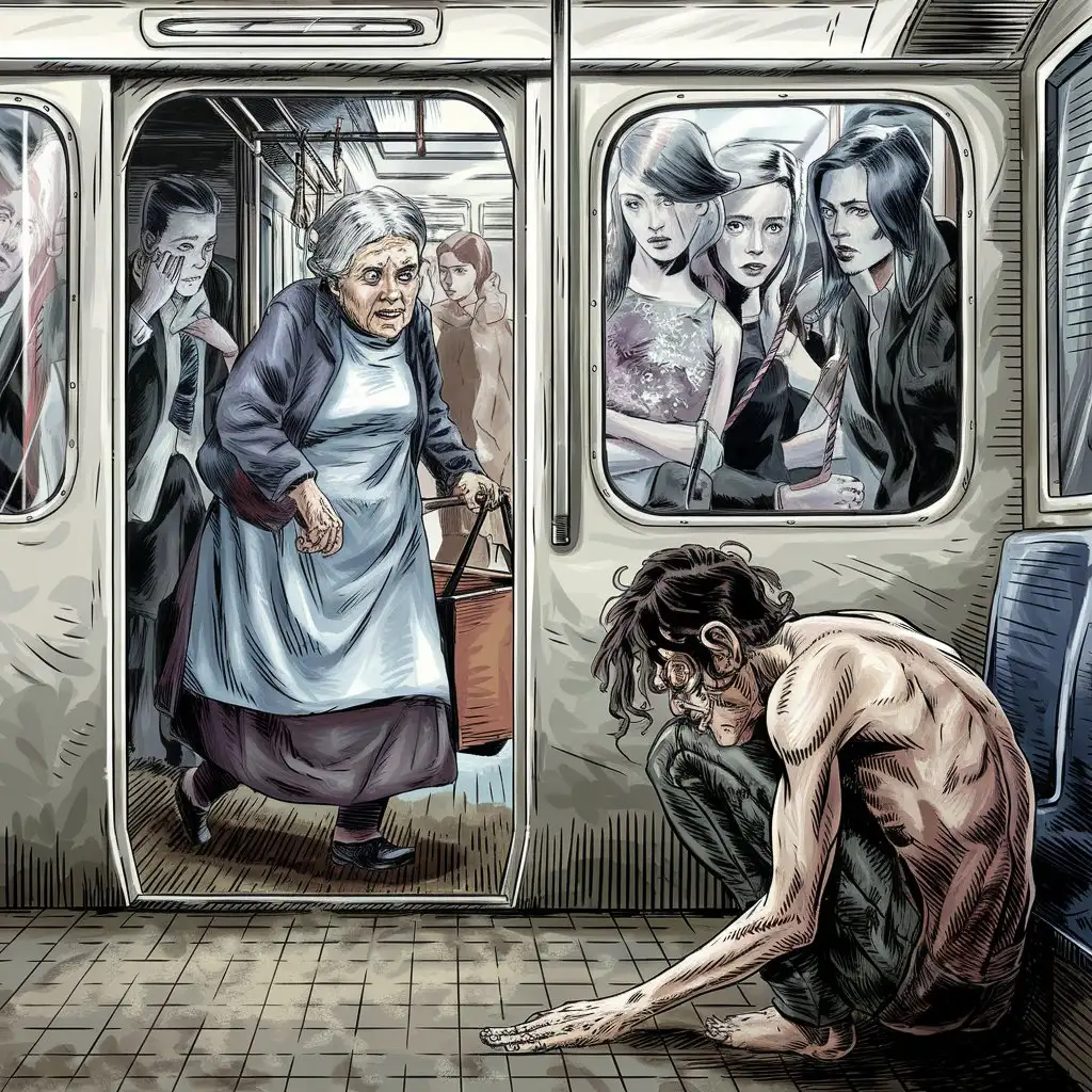 GrayHaired-Grandmother-on-Subway-with-Fashionistas-and-Artistic-Stranger-in-Gothic-Style