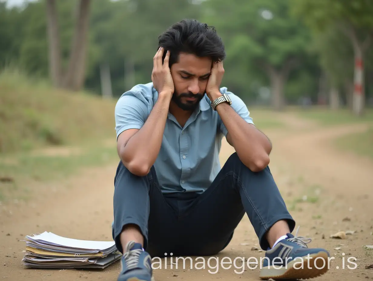 an indian student looking sad and nervous fail in physical documents in his hands wear sport cloth sitting in ground