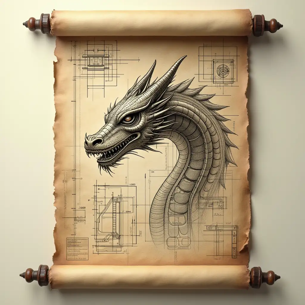 Floating Dragon Mechanical Scroll with Detailed Engineering Drawings