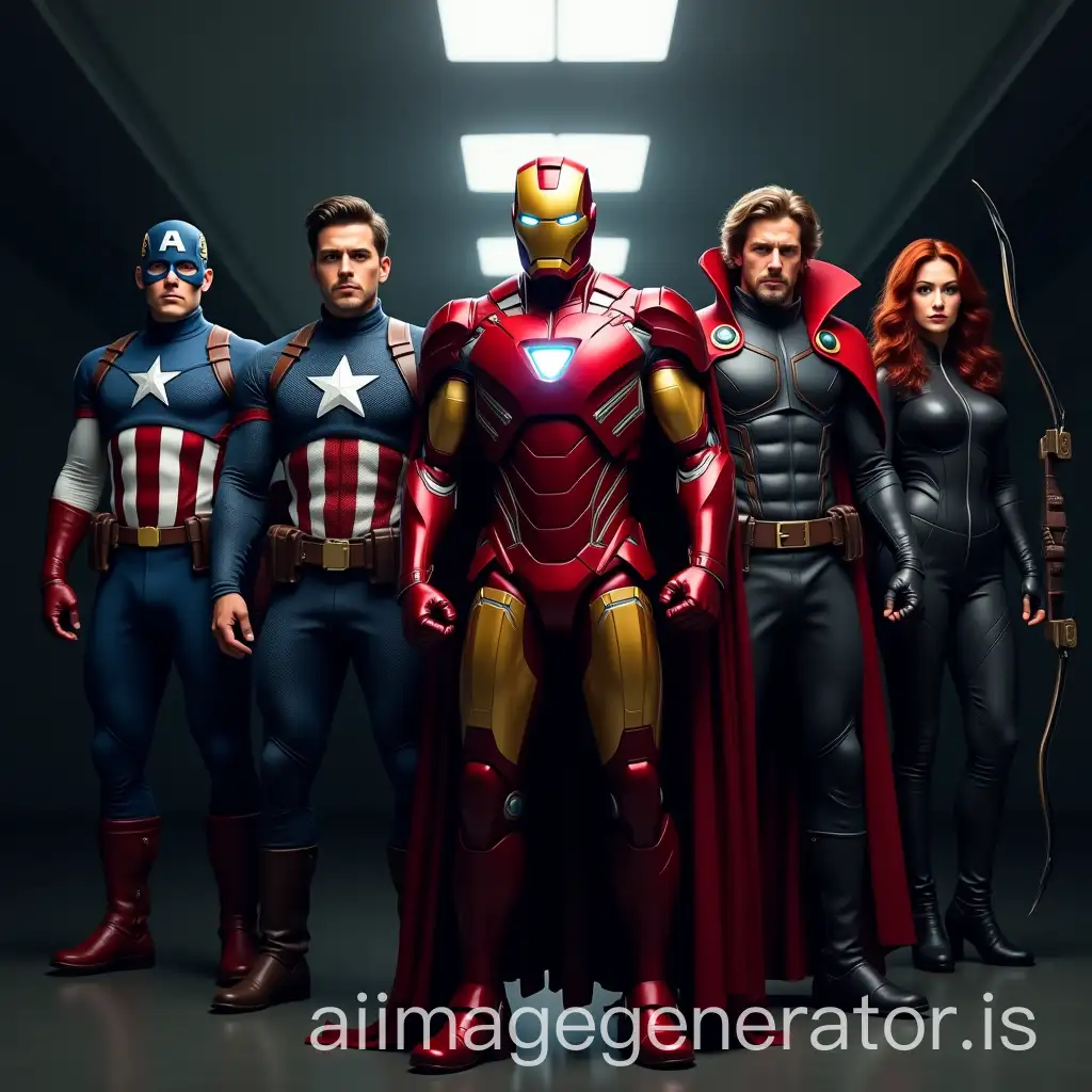 Superheroes-in-Office-Setting-with-Costumes-Inspired-by-Captain-America-Iron-Man-Hawkeye-Dr-Strange-and-Black-Widow