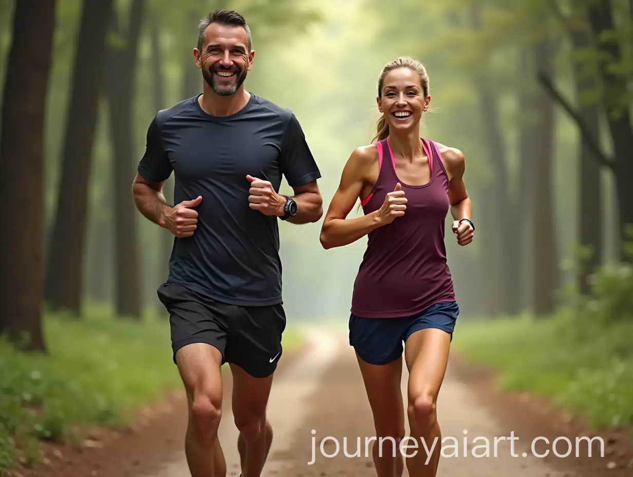 Smiling-Couple-Running-in-Forest-Sporty-Outdoor-Scene