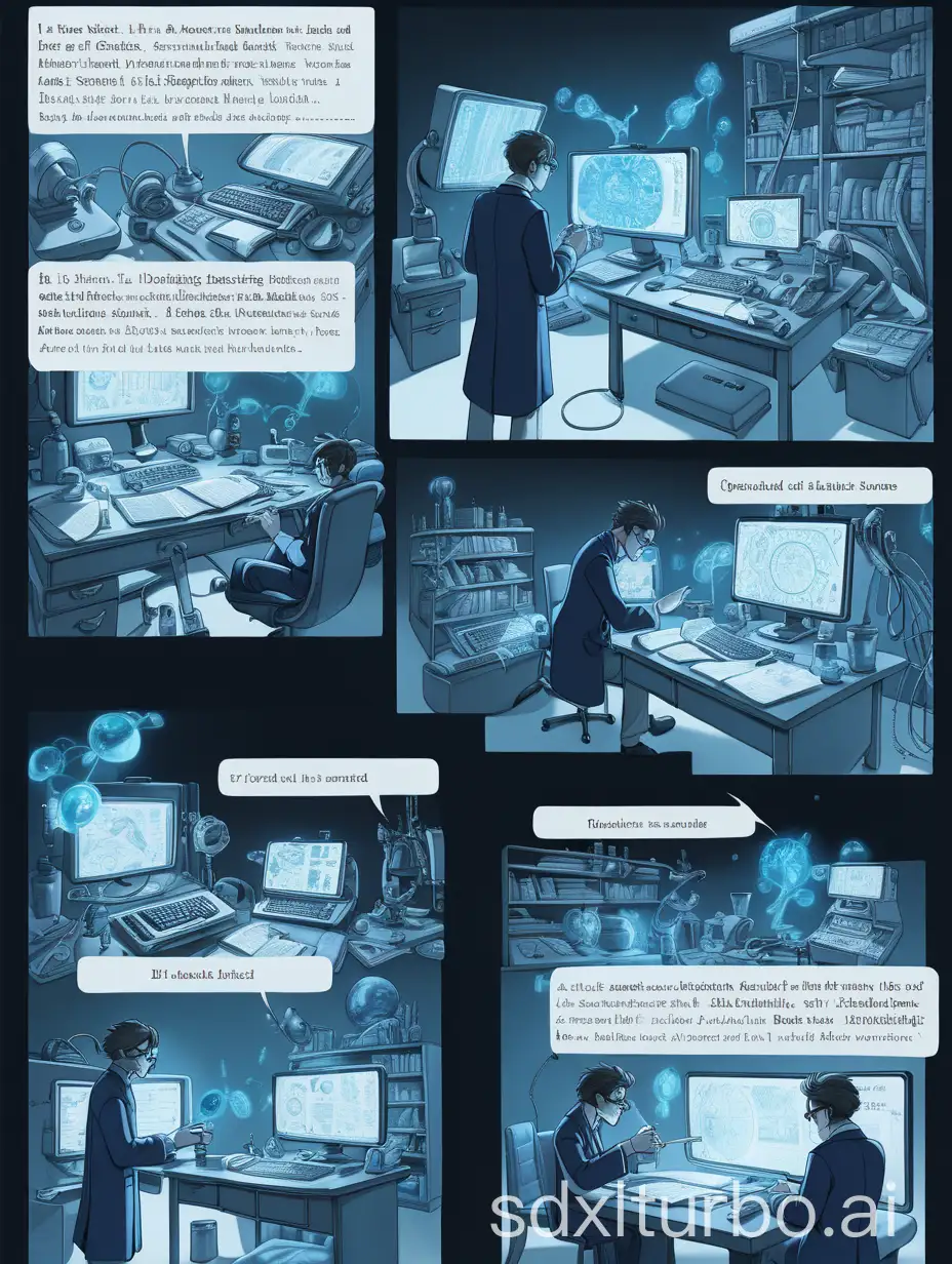 A comic with animation style and blue as the main tone. Scene one: 'A cool and handsome scientist is sitting in a lab, wearing a long coat that is black and blue. There is a table in front of him filled with all kinds of tools and books. He is deeply focused on thinking while mind maps float around him. The background is black and the lighting is soft and rich in detail.' Scene two: 'The main character closes his eyes, and around his body forms a specific mental landscape. Buildings and devices are constructed in his mind, with dark blue as the background color.' Scene three: 'The main character stretches out his hand, and a batch of complex chemical reagents is being pulled into his mental landscape. The structure and details of the objects are clear, while the background is blurry.' Scene four: Analyzing an item - Description words: 'Inside the inner world, the protagonist revolves around the object to analyze it in detail. Texts and graphics appear, displaying its physical structure and chemical properties.' Scene five: 'Analysis hint completed, blue light flashes around, symbolizing the new knowledge he has acquired. The elements in the background gradually fade away.' Scene six: 'The protagonist stands with his back to the screen next to a new device, holding research results. A new creation of technology is in front of him, full of future feeling.