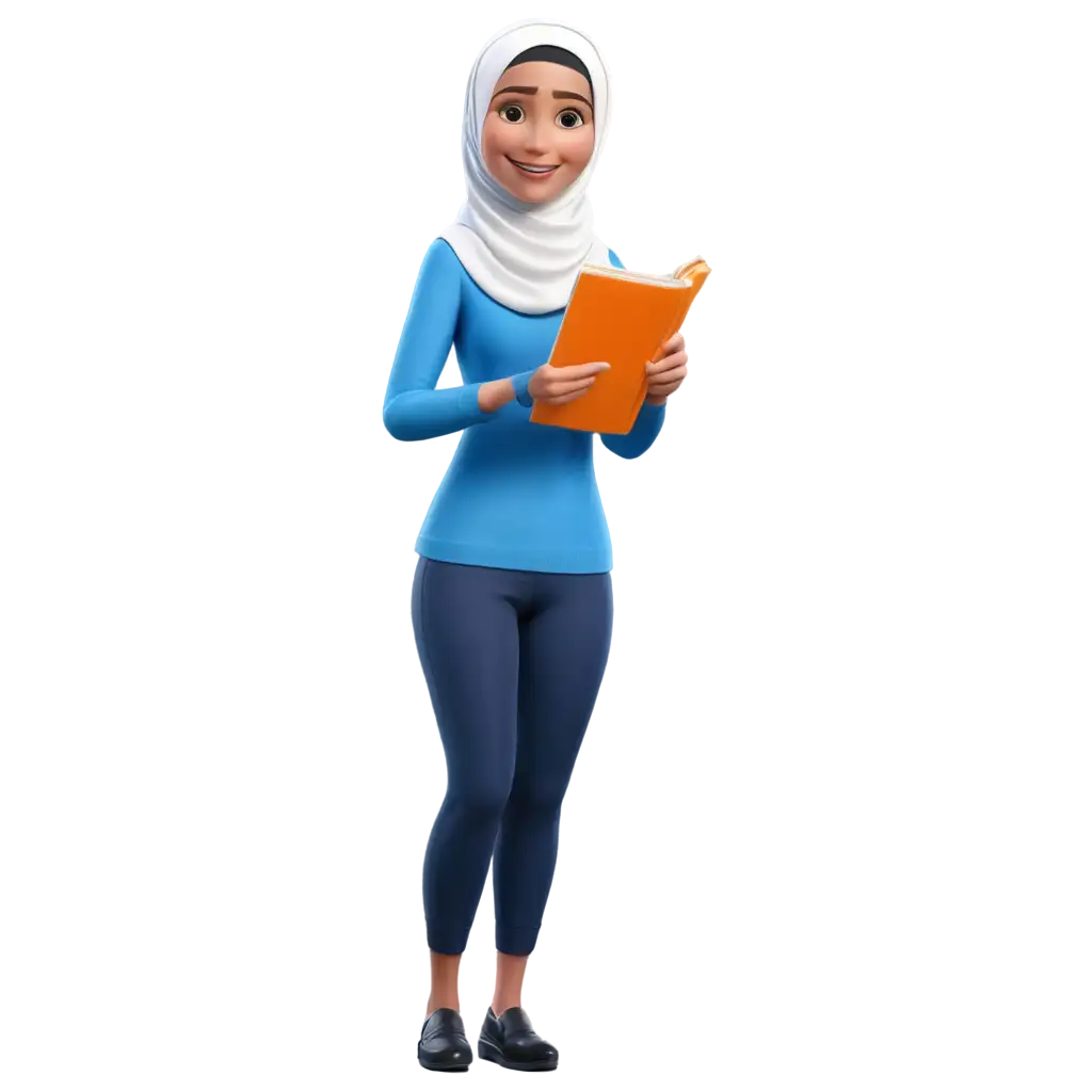 HighQuality-PNG-Image-of-a-3D-Character-with-Young-Girl-Blue-Shirt-Hijab-and-Smiling-Holding-Cellphone-and-Newspaper