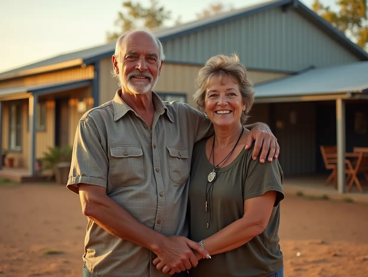 create a photo reflective of community resilience and diversity of community member, etc. use an Australian community setting. make the tone reflective but optimistic. Include a building and make reference to the bush. include a man and woman