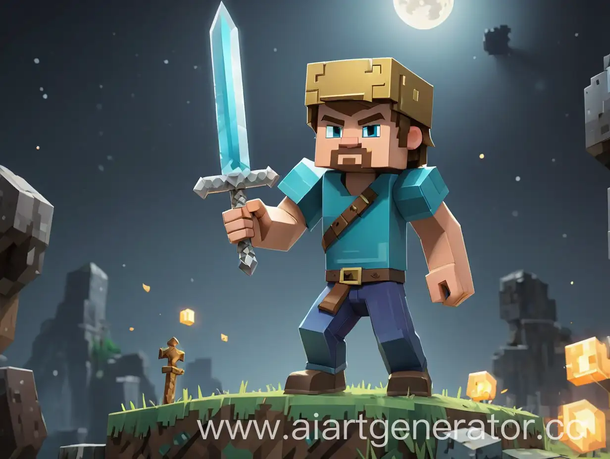 Minecraft-Steve-Searching-for-the-Moon-with-Diamond-Sword-and-Crown