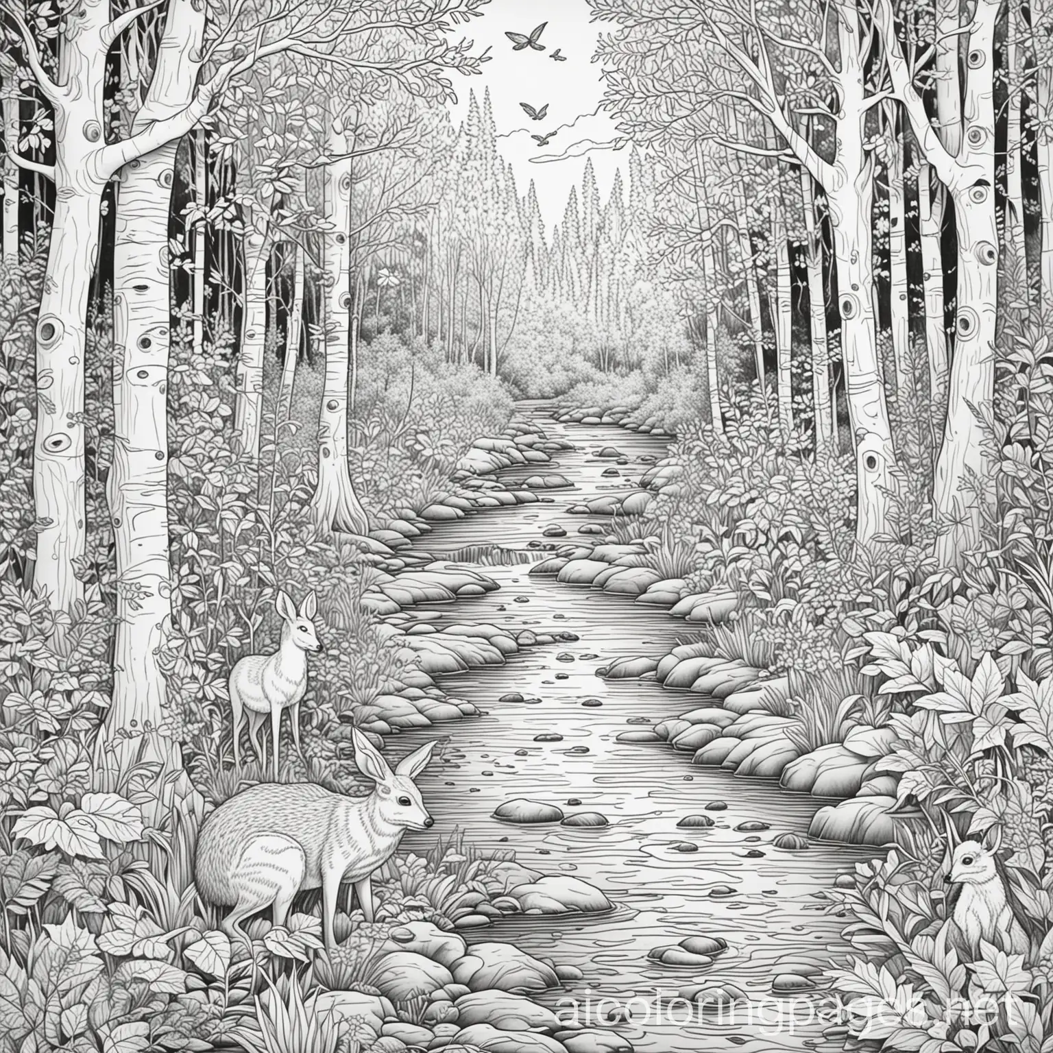 adult coloring, black and white, create an intricate design of woodland creatures in the autumn woods by a stream, Coloring Page, black and white, line art, white background, Simplicity, Ample White Space. The background of the coloring page is plain white to make it easy for young children to color within the lines. The outlines of all the subjects are easy to distinguish, making it simple for kids to color without too much difficulty