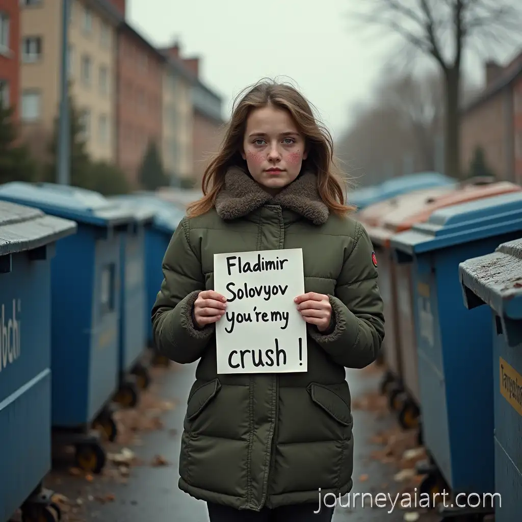 Girl-Holding-Poster-by-Dumpsters-ExpressingBeggar-girl-with-poster-Affection-for-Vladimir-Solovyov