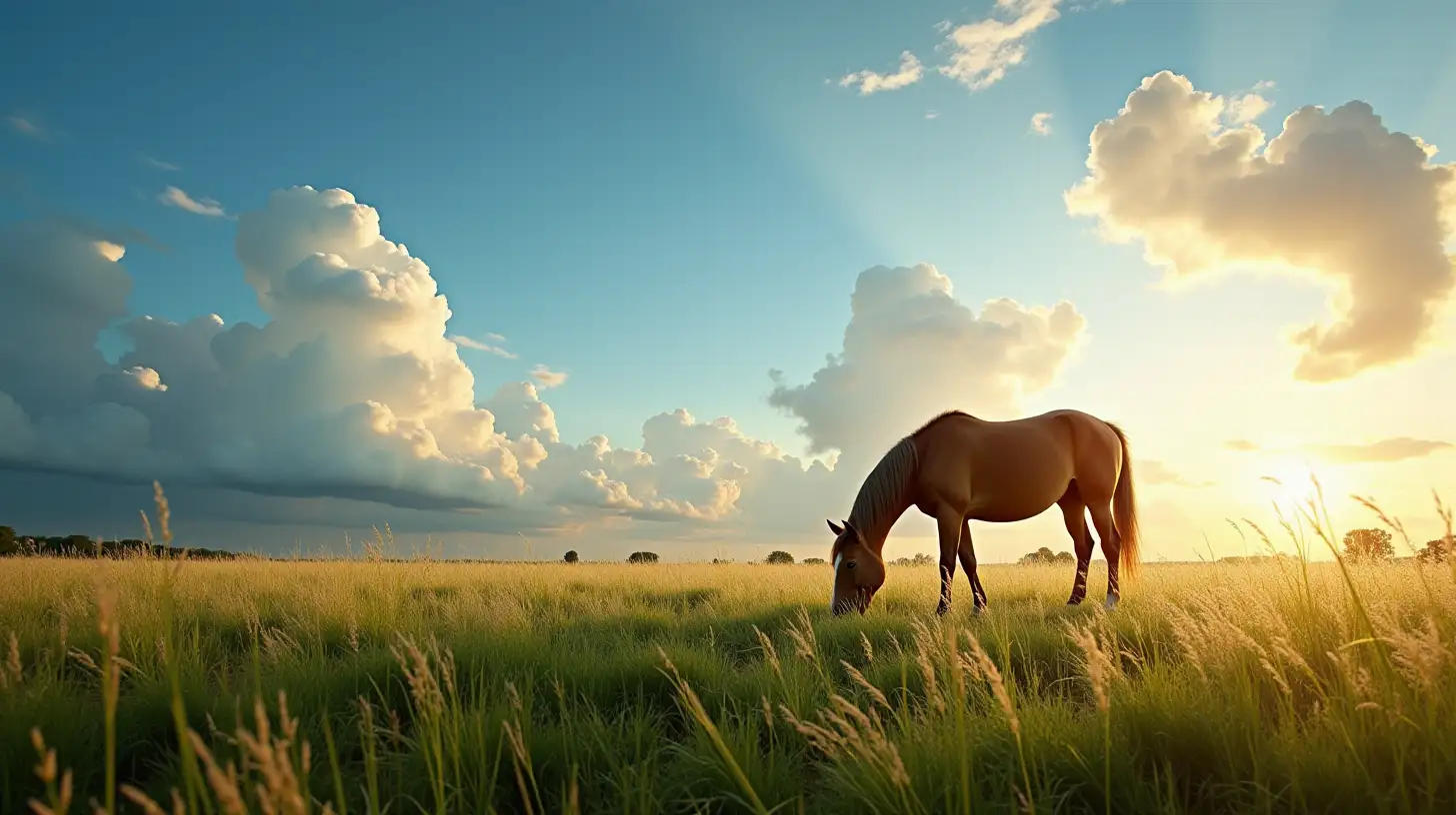 Horse Grazing in Field under Magnificent Sky