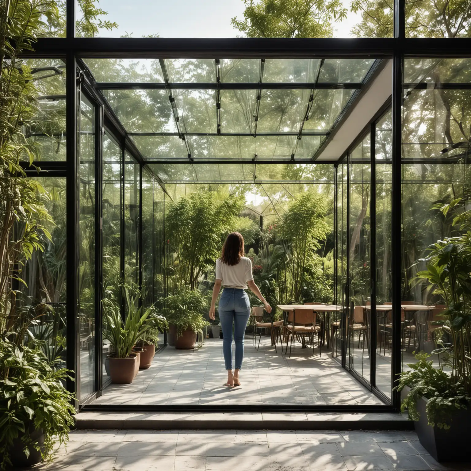 Stylish-Modern-Glass-Veranda-Interior-with-Female-Model