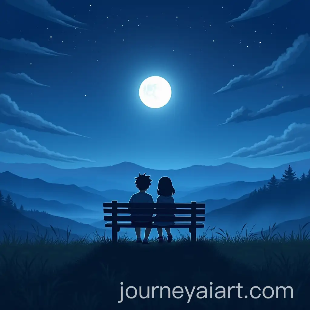 Anime-Boy-and-Girl-Sitting-on-Bench-at-Hill-Edge-on-Full-Moon-Night