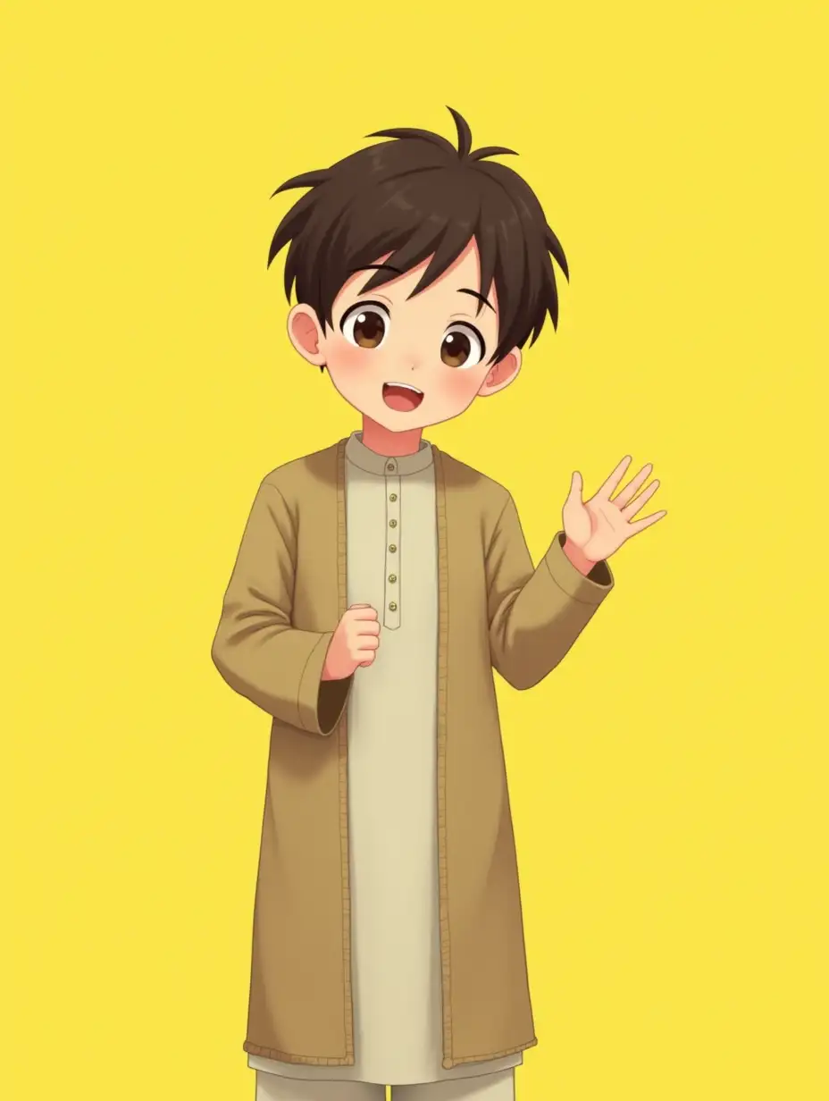 There is a muslim boy in arabic clothes. The background is yellow He is waving at the camera. Anime style