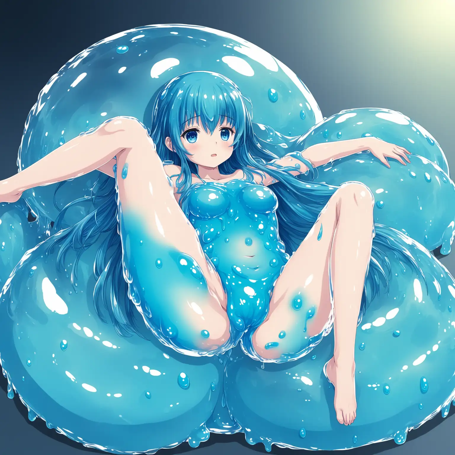 Abundant-Slime-Girl-with-HalfTransparent-Blue-Body-Lying-Down-in-Anime-Style