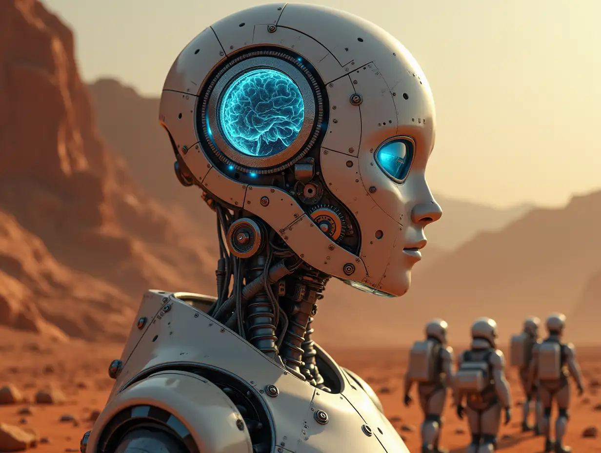 Create a high-resolution, realistic image of the artificial intelligence Robert, 10 meters tall, with gears on the cheeks and a glass head with visible glowing sapphire brain, screws with many people with helmets and breathing mask on the floor, Mars 4k resolution with