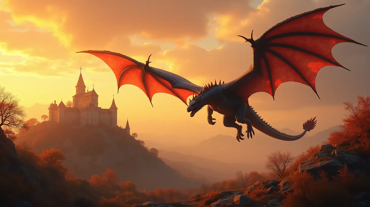 A big dangerous dragon flies over an old fortress on the hill, autumn, sunset