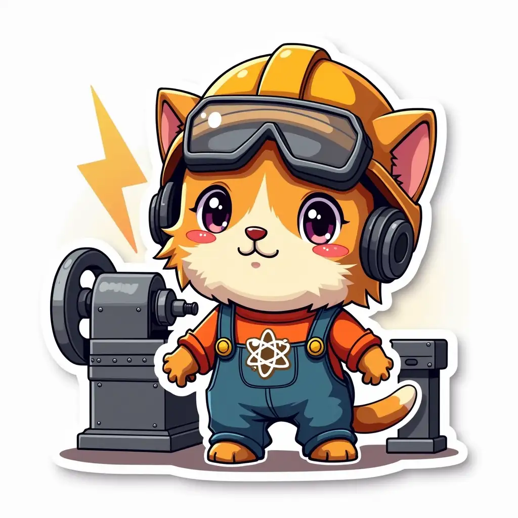 kawaii positive little engineer shaggy cat in protective helmet, gloves and overalls with an atom symbol on t-shirt, He stands in front of industrial metal lathe, vibrant and dynamic die cut sticker design top-view, high resolution, vector art, white background, paint in anime style