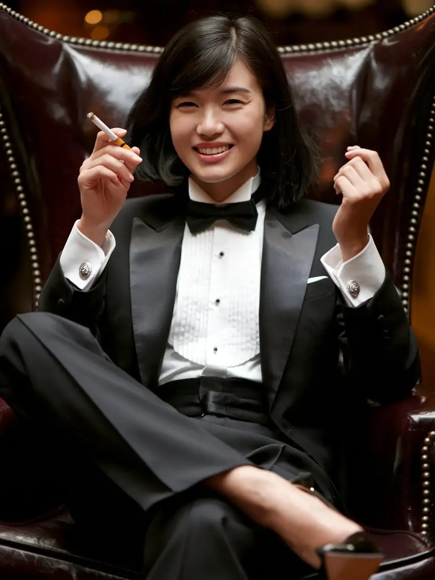 Elegant-Chinese-Woman-in-Black-Tuxedo-Smoking-Cigarette