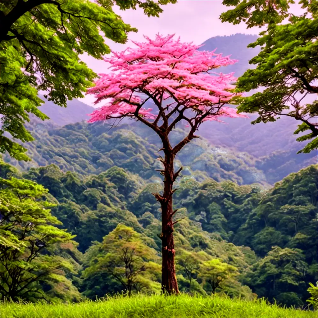 Stunning-MosquitoFilled-Forest-Tree-in-PNG-Format-Serene-Japanese-Scenery-with-Pink-Petals-and-Green-Leaves