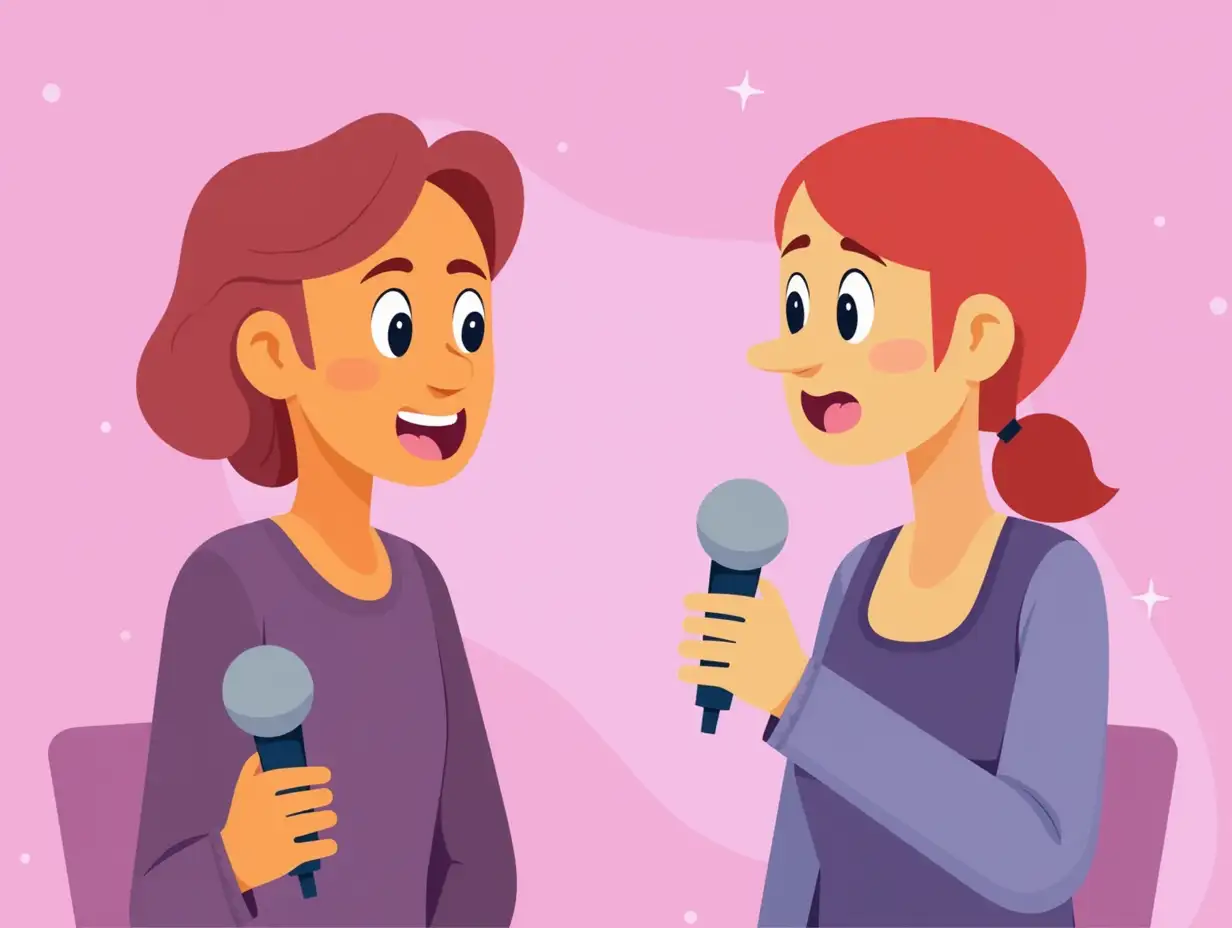 A cheerful fair-skinned adult voice teacher sits with a microphone in one hand to the left of the frame. To the right of the frame is a bewildered teacher who doesn't know what to do. The first one has a work strategy, but the second one doesn't. Cartoon style, gradient background colors from light pink to purple