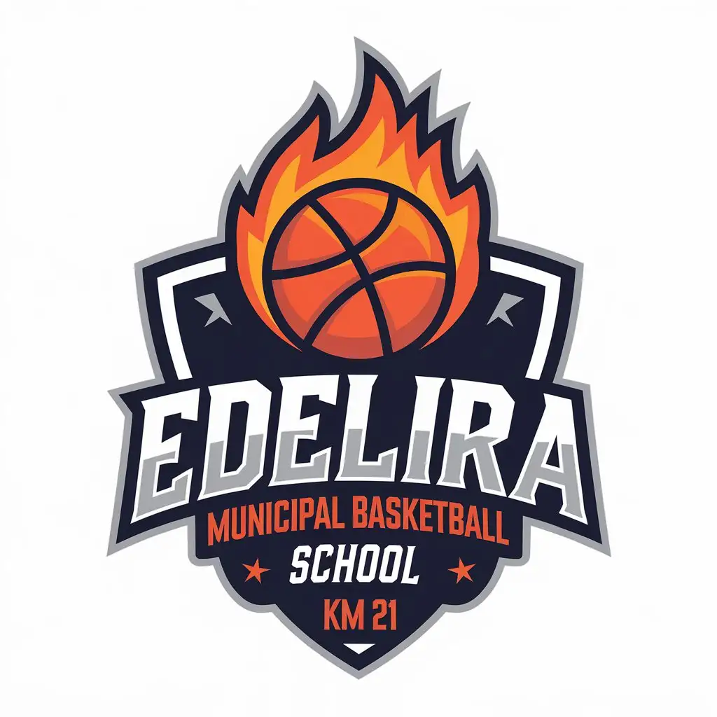 a vector logo design,with the text "Edelira Municipal Basketball School km 21", main symbol:A Basketball at flames,Moderate,be used in Sports Fitness industry,clear background