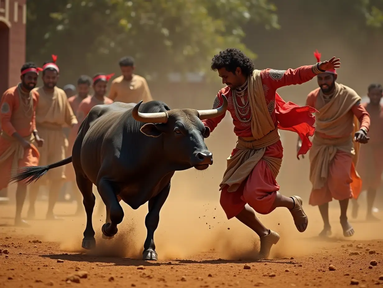 Ancient-Traditional-Indian-Bullfight-with-Skilled-Fighter-and-Charging-Bull