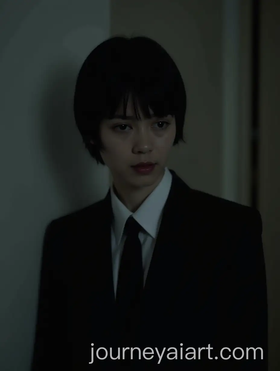 Professional-Woman-in-Formal-Suit-with-Short-Black-Hair-in-Gloomy-Evening-Setting