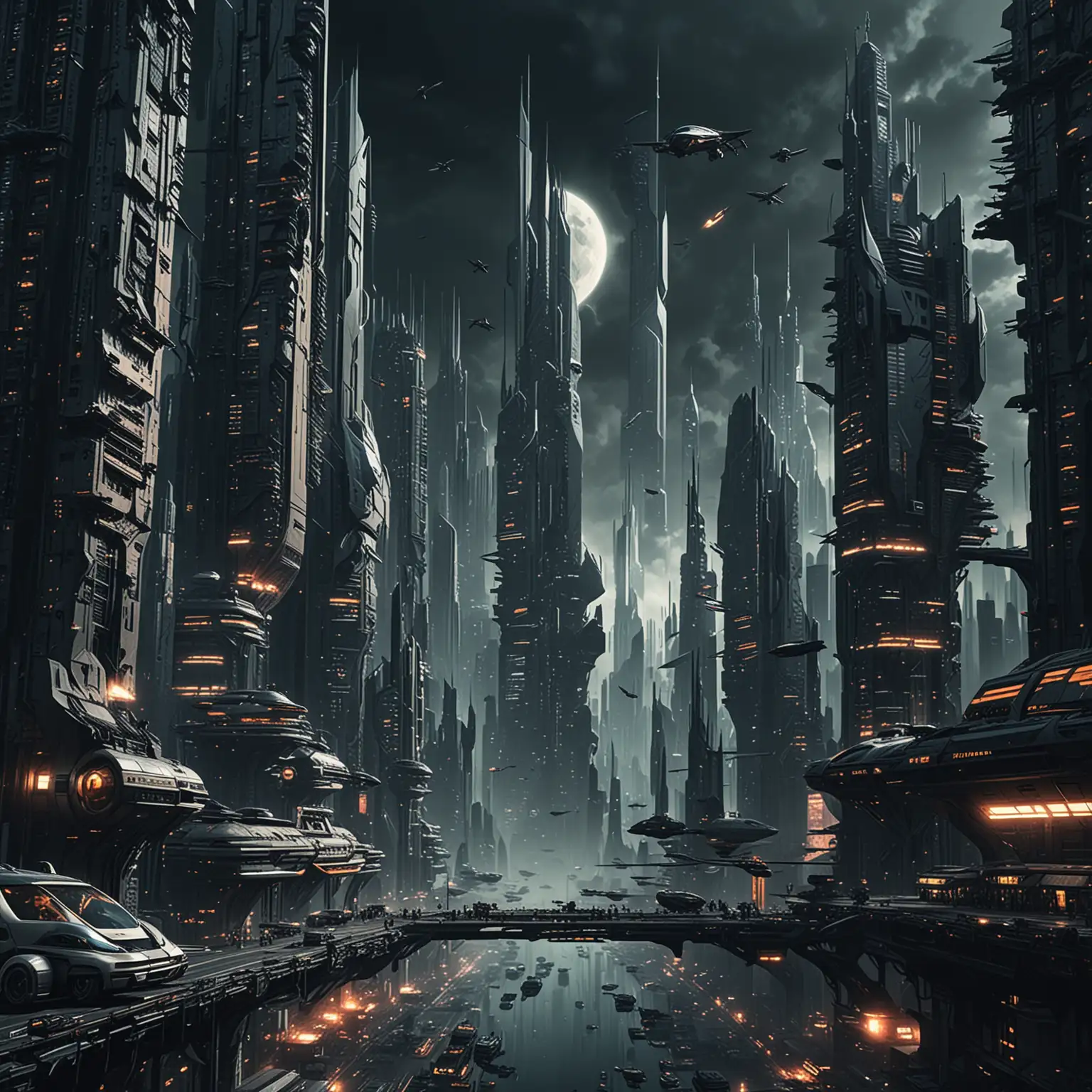 Future city, dark color scheme, skyscrapers, flying transportation tools, prosperous