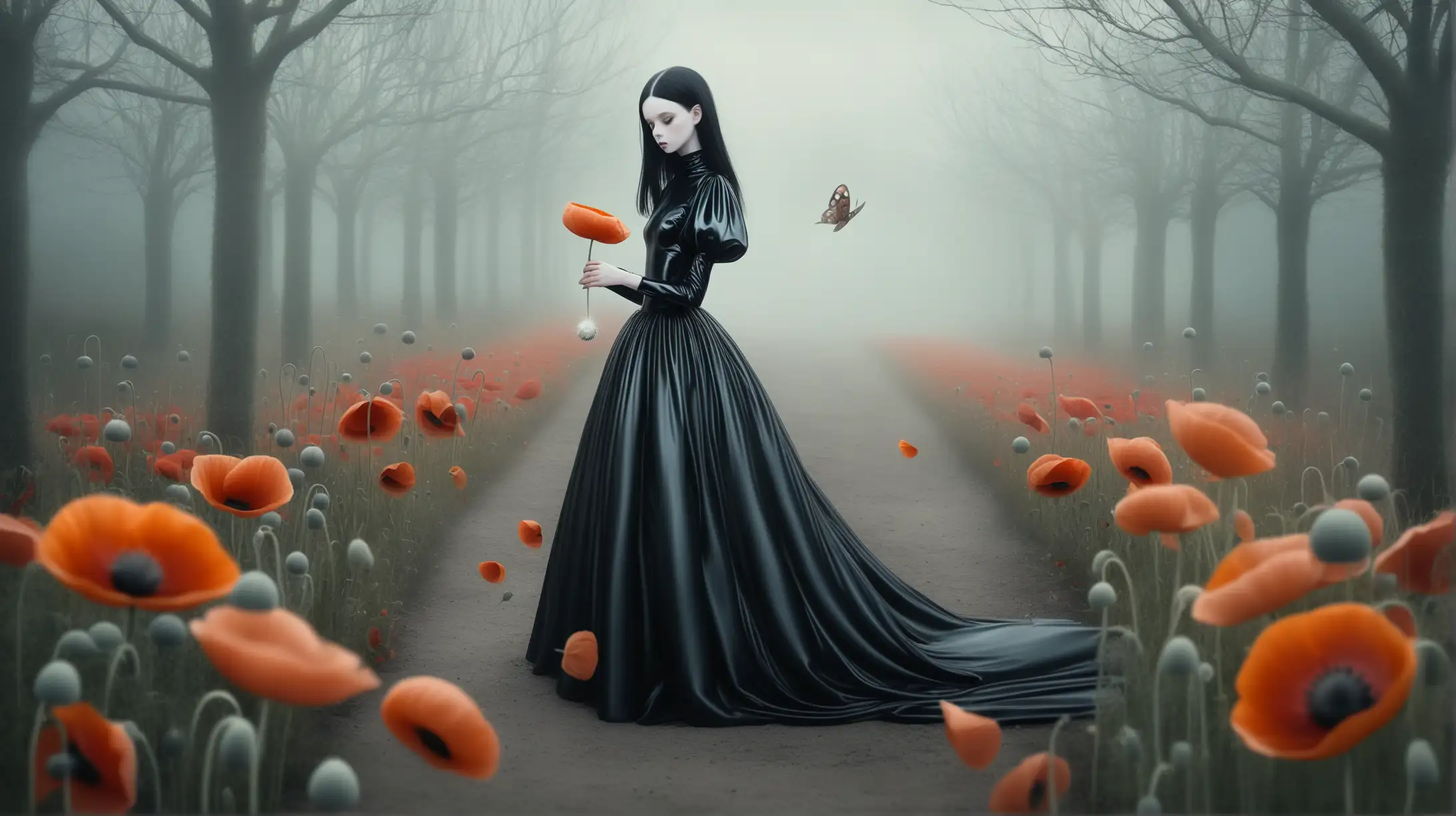 Enchanting Garden Fantasy with Girl in Black Latex Dress