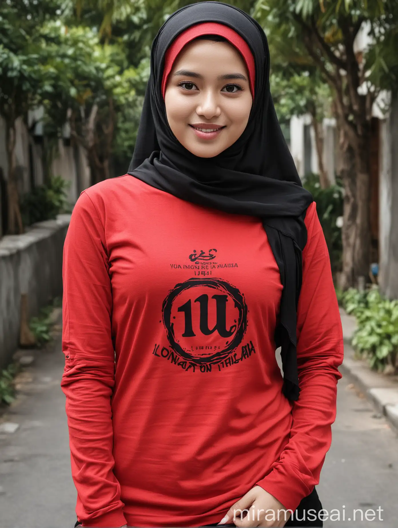 Young Women in Indonesia Wearing Red Long Sleeve TShirts with Black Hijabs