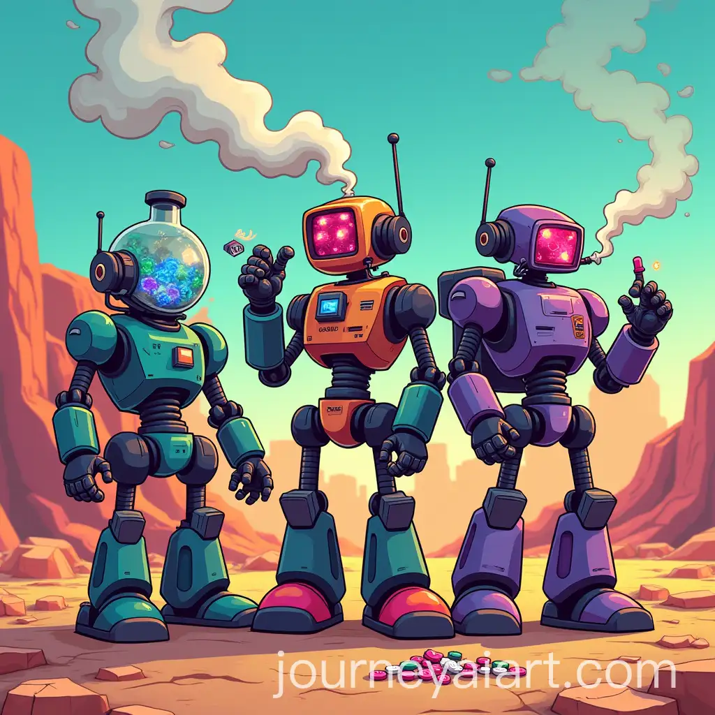 Three-Combat-Robots-inAI-Art-Prompt-Expansion-a-PostApocalyptic-Desert-with-Cyberpunk-Graffiti